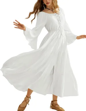 Scarlet Darkness Women's Renaissance Dress Bell Sleeve Elastic Tiered Flowy Long Dresses with Pockets