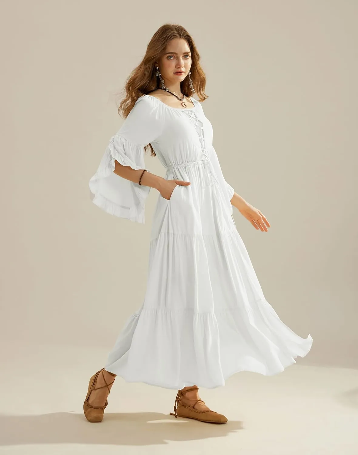 Scarlet Darkness Women's Renaissance Dress Bell Sleeve Elastic Tiered Flowy Long Dresses with Pockets