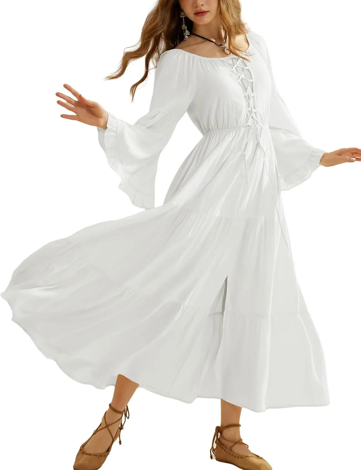 Scarlet Darkness Women's Renaissance Dress Bell Sleeve Elastic Tiered Flowy Long Dresses with Pockets