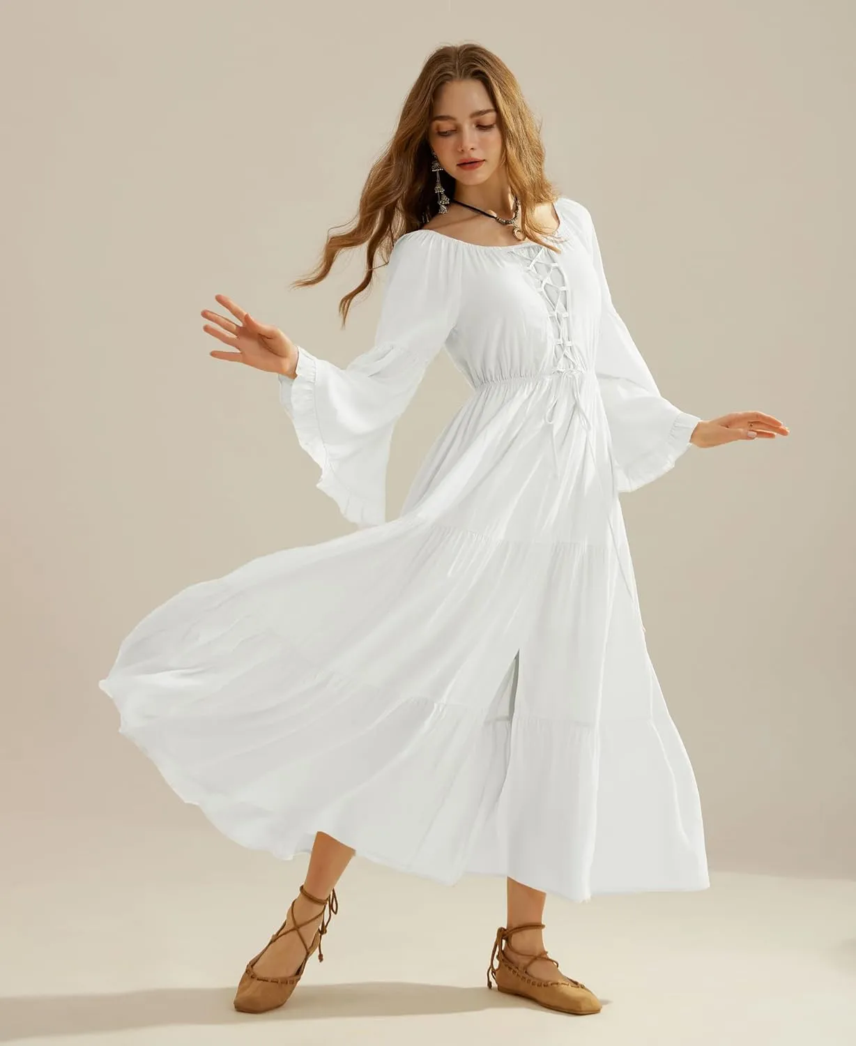 Scarlet Darkness Women's Renaissance Dress Bell Sleeve Elastic Tiered Flowy Long Dresses with Pockets
