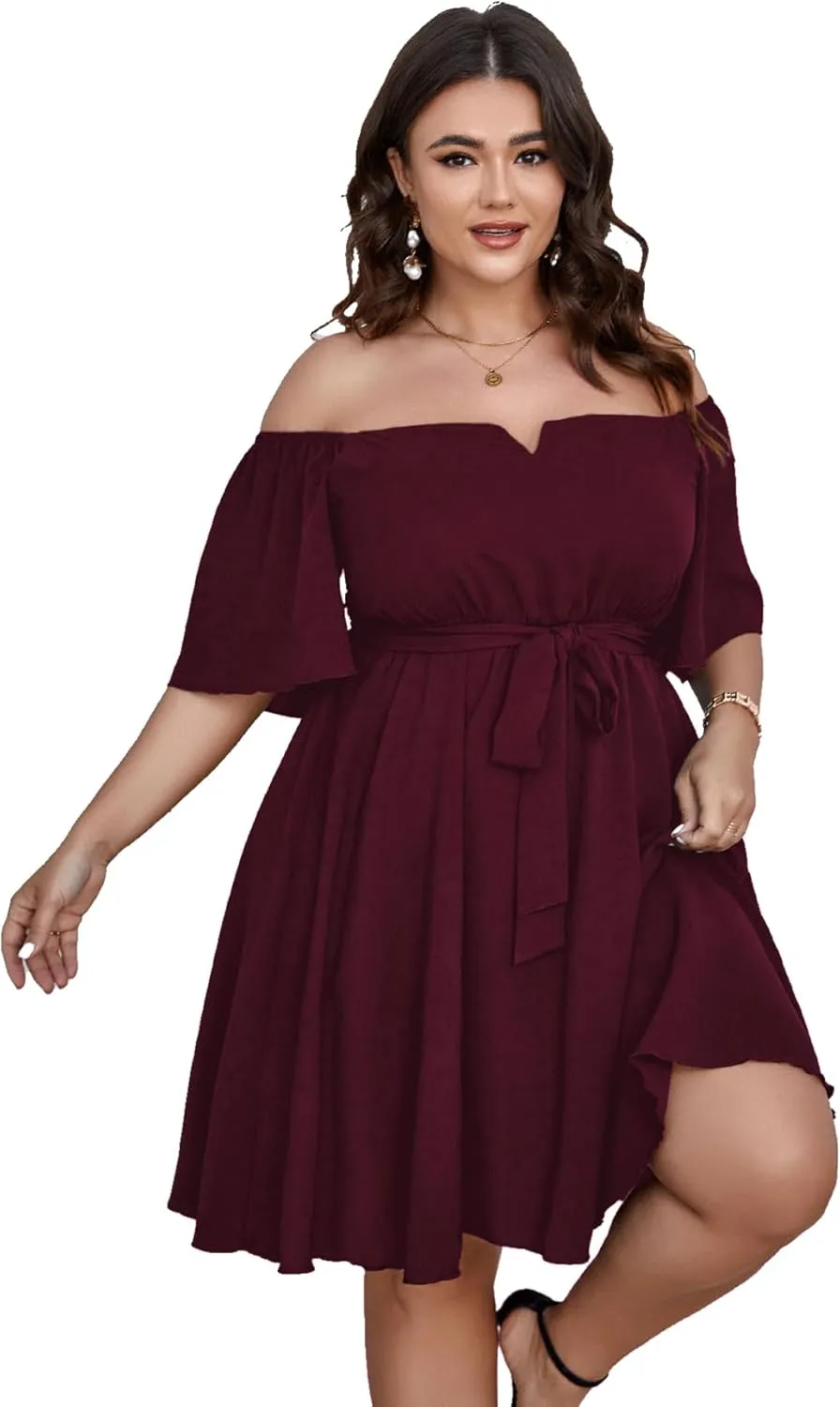 SCOMCHIC Womens Plus Size Cocktail Dress Summer Off Shoulder Short Sleeve Flowy Ruffle A-Line Cute Mini Dress with Belt
