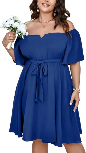 SCOMCHIC Womens Plus Size Cocktail Dress Summer Off Shoulder Short Sleeve Flowy Ruffle A-Line Cute Mini Dress with Belt