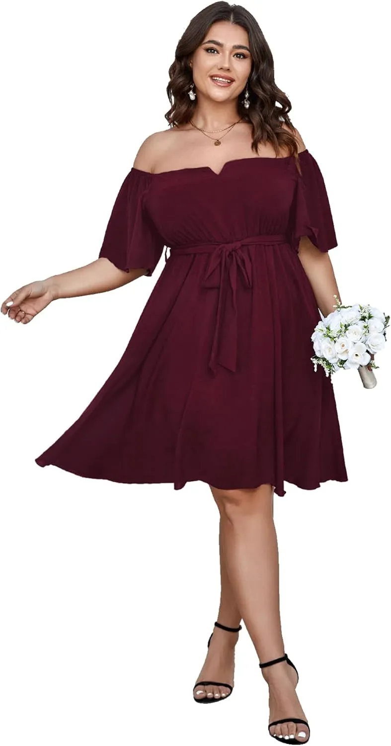 SCOMCHIC Womens Plus Size Cocktail Dress Summer Off Shoulder Short Sleeve Flowy Ruffle A-Line Cute Mini Dress with Belt