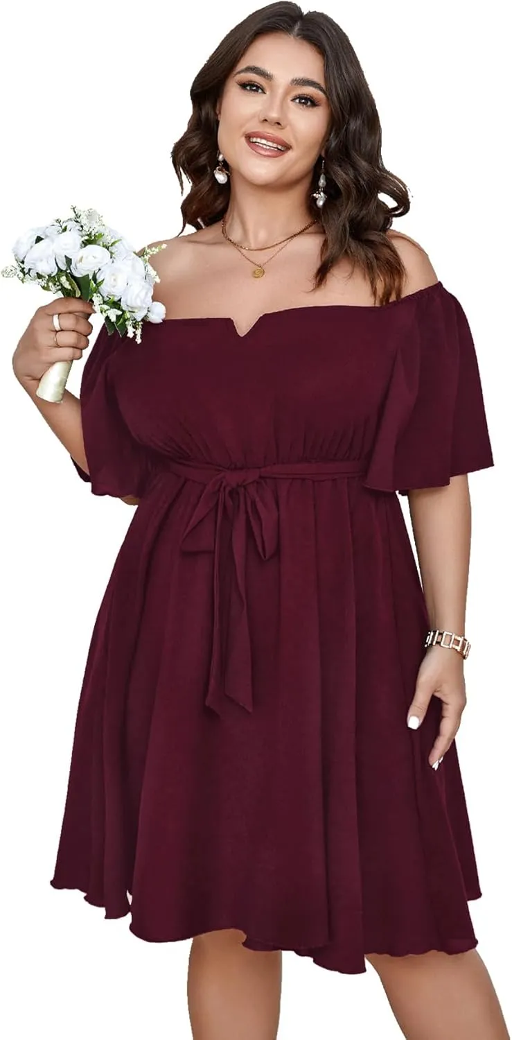 SCOMCHIC Womens Plus Size Cocktail Dress Summer Off Shoulder Short Sleeve Flowy Ruffle A-Line Cute Mini Dress with Belt