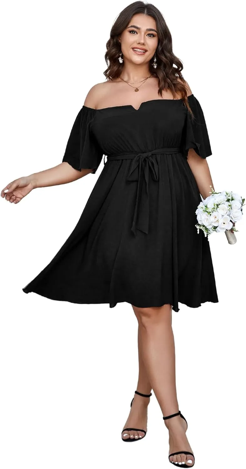 SCOMCHIC Womens Plus Size Cocktail Dress Summer Off Shoulder Short Sleeve Flowy Ruffle A-Line Cute Mini Dress with Belt