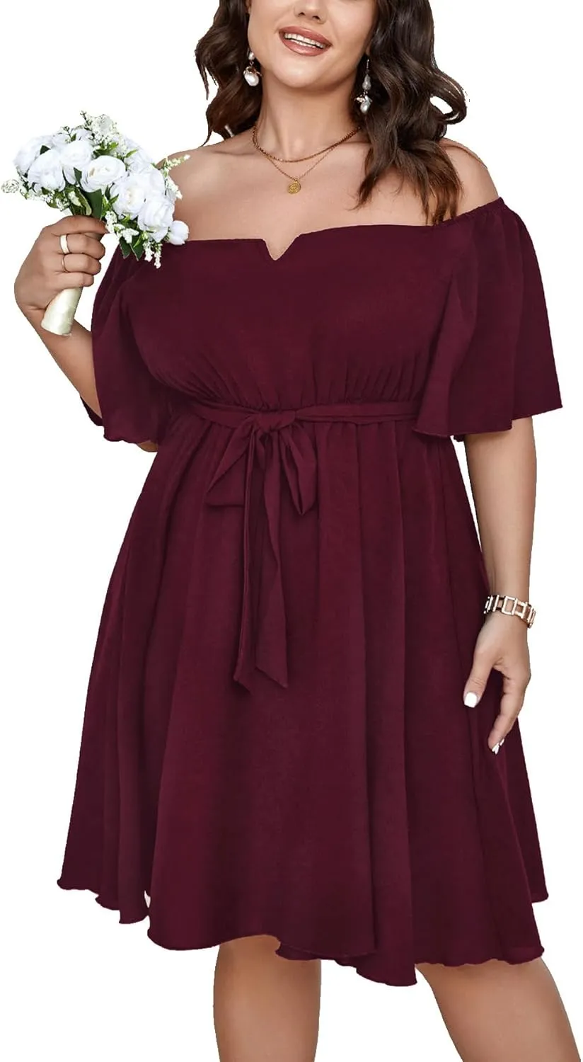SCOMCHIC Womens Plus Size Cocktail Dress Summer Off Shoulder Short Sleeve Flowy Ruffle A-Line Cute Mini Dress with Belt