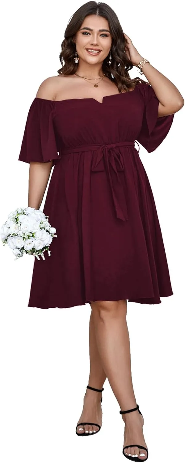 SCOMCHIC Womens Plus Size Cocktail Dress Summer Off Shoulder Short Sleeve Flowy Ruffle A-Line Cute Mini Dress with Belt