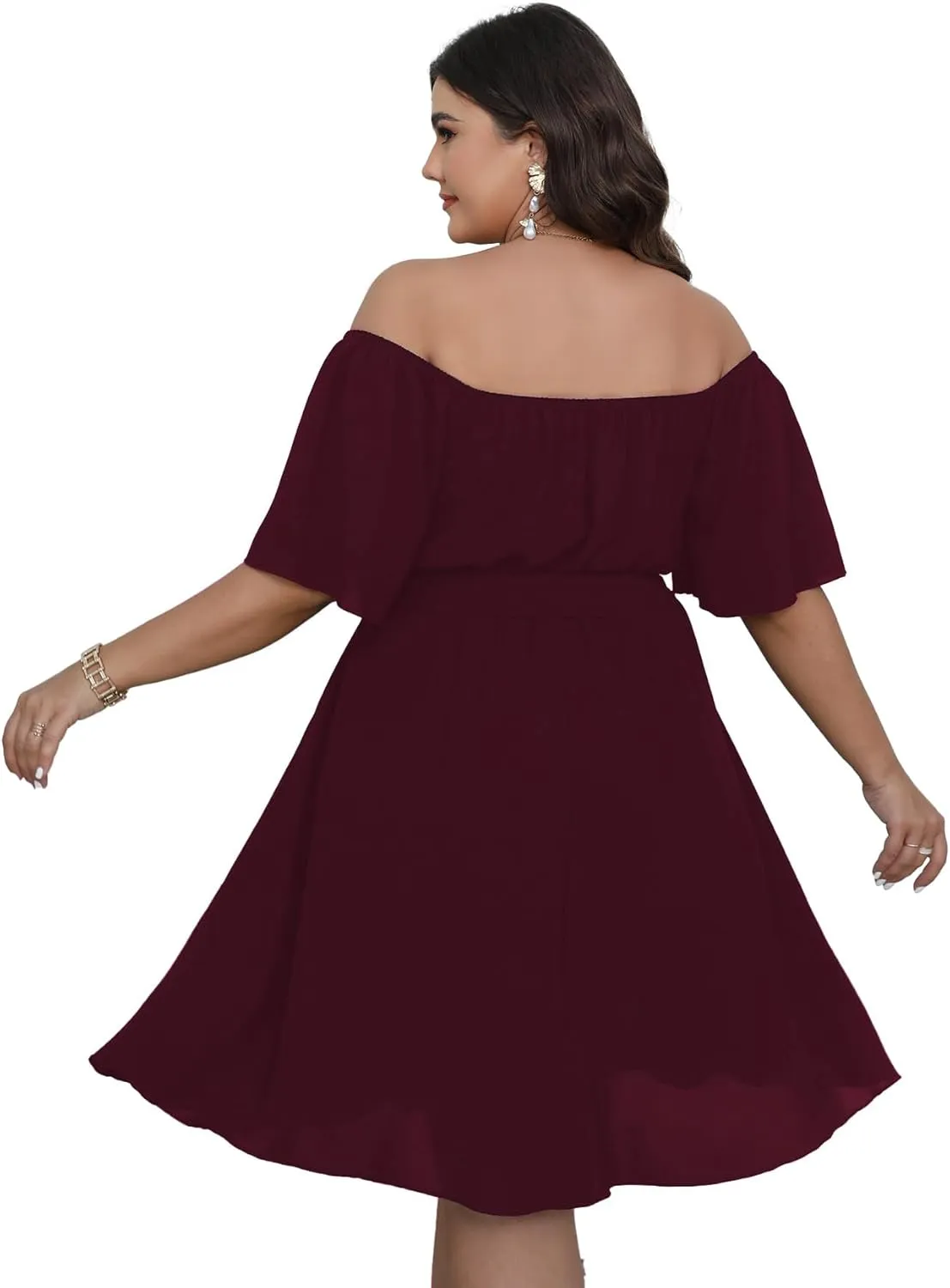 SCOMCHIC Womens Plus Size Cocktail Dress Summer Off Shoulder Short Sleeve Flowy Ruffle A-Line Cute Mini Dress with Belt