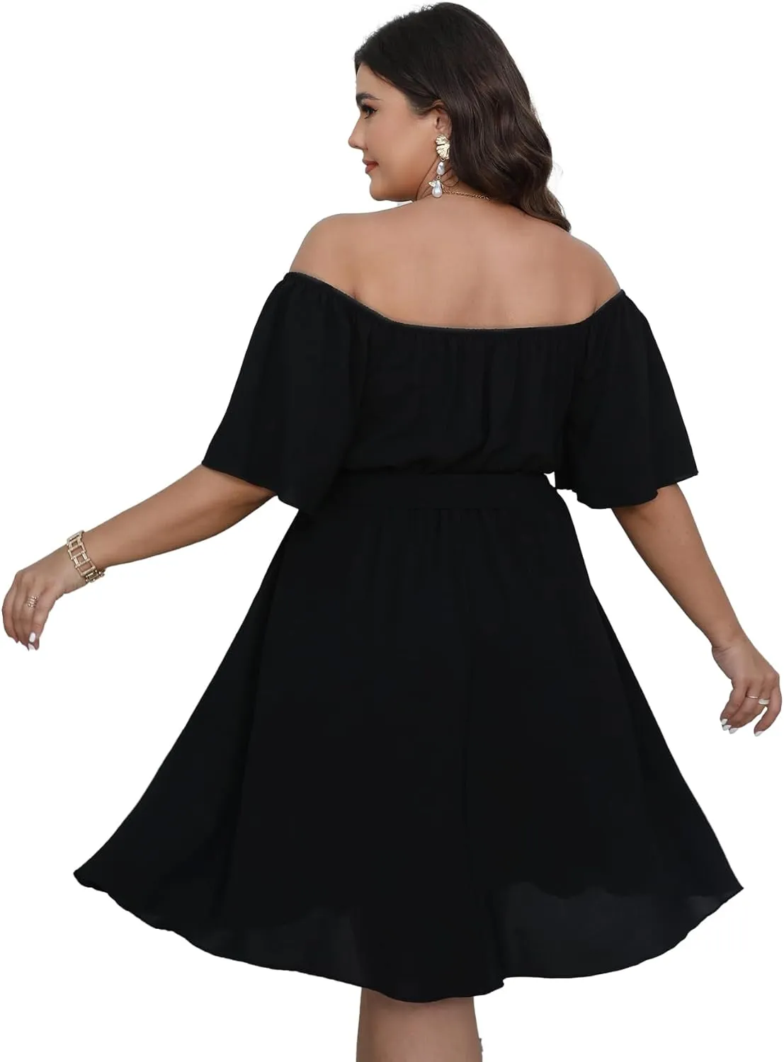 SCOMCHIC Womens Plus Size Cocktail Dress Summer Off Shoulder Short Sleeve Flowy Ruffle A-Line Cute Mini Dress with Belt