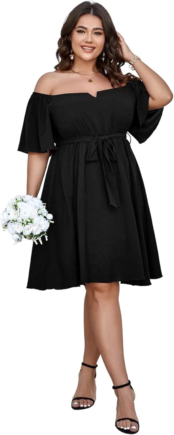 SCOMCHIC Womens Plus Size Cocktail Dress Summer Off Shoulder Short Sleeve Flowy Ruffle A-Line Cute Mini Dress with Belt
