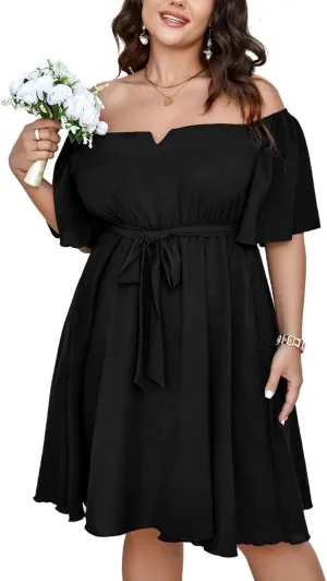 SCOMCHIC Womens Plus Size Cocktail Dress Summer Off Shoulder Short Sleeve Flowy Ruffle A-Line Cute Mini Dress with Belt