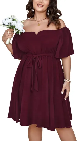 SCOMCHIC Womens Plus Size Cocktail Dress Summer Off Shoulder Short Sleeve Flowy Ruffle A-Line Cute Mini Dress with Belt