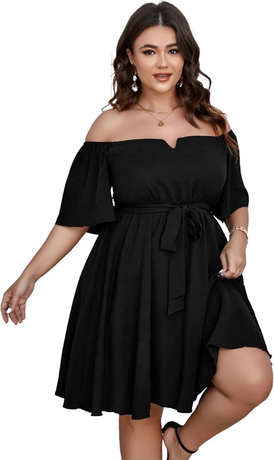 SCOMCHIC Womens Plus Size Cocktail Dress Summer Off Shoulder Short Sleeve Flowy Ruffle A-Line Cute Mini Dress with Belt