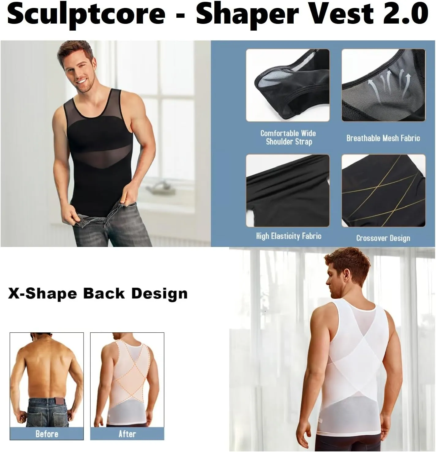 Sculptcore - Shaper Vest 2.0, Mens Body Shaper for Men, Men Body Shaper, Compression Tank Top Men