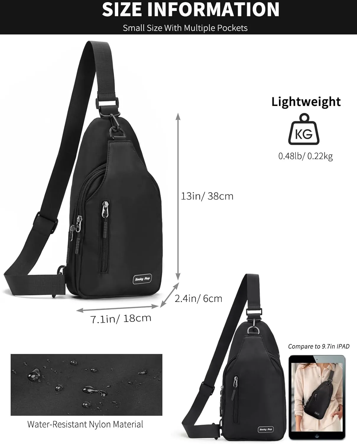 Seoky Rop Small Sling Backpack Crossbody Sling Bag Nylon Chest Bag Daypack Fanny Pack Cross Body Bag for Travel Hiking