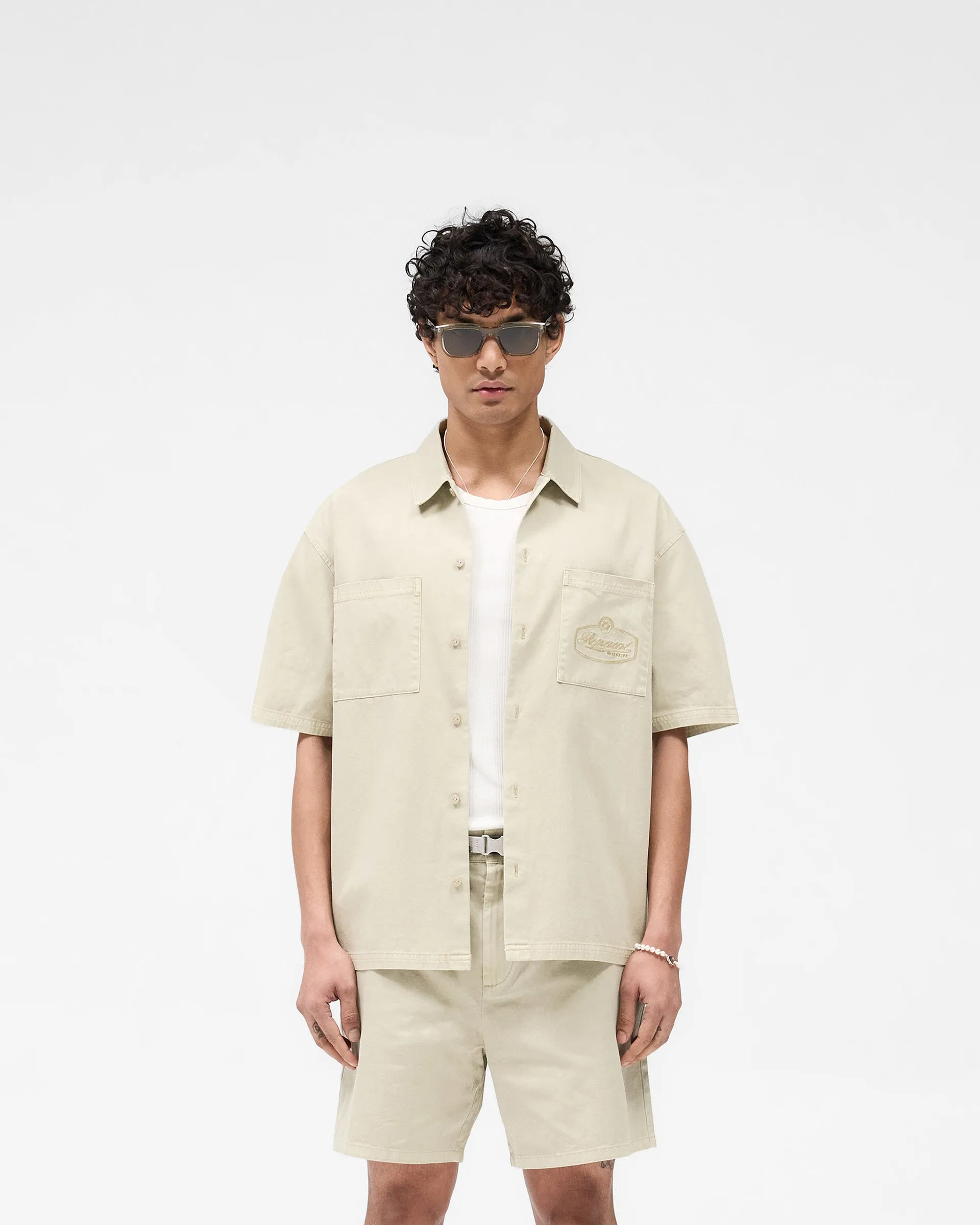 Short Sleeve Cotton Overshirt - Beige