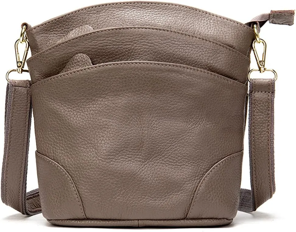 Shoulder Bag for Women Genuine Leather Crossbody Purse Triple Pockets Bucket Bag Retro Phone Pocketbooks