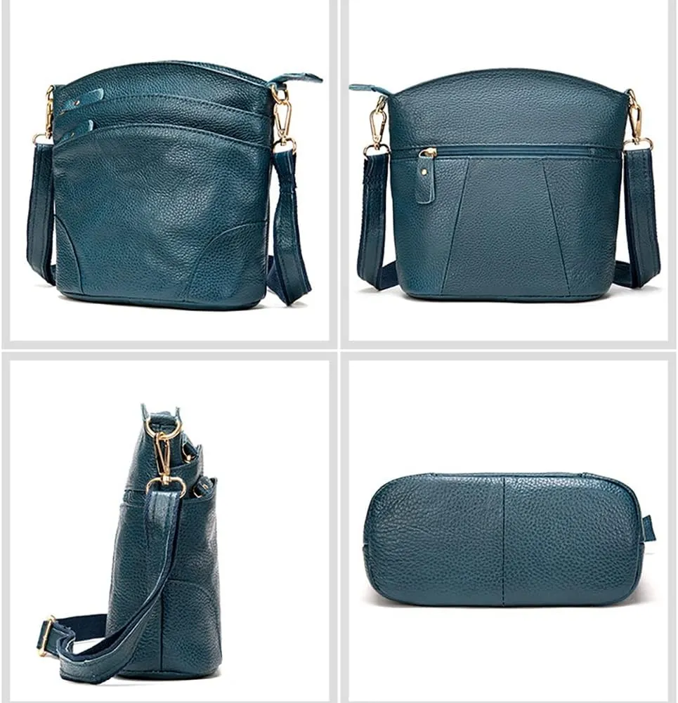 Shoulder Bag for Women Genuine Leather Crossbody Purse Triple Pockets Bucket Bag Retro Phone Pocketbooks