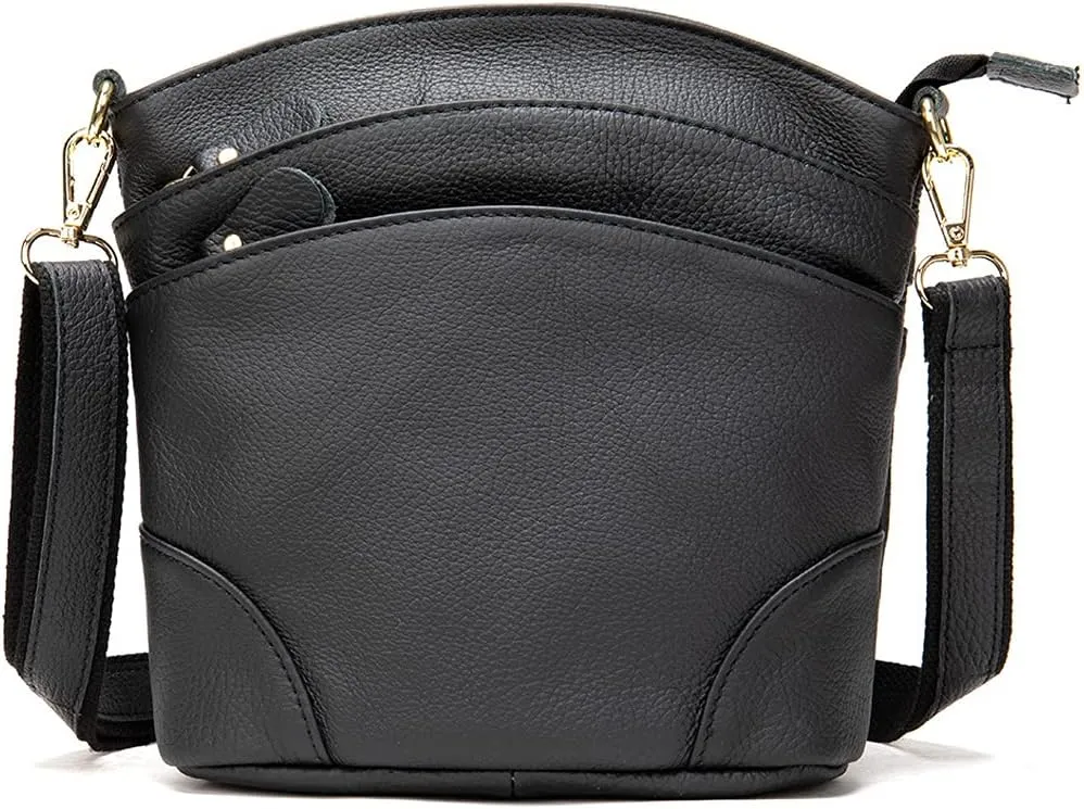 Shoulder Bag for Women Genuine Leather Crossbody Purse Triple Pockets Bucket Bag Retro Phone Pocketbooks