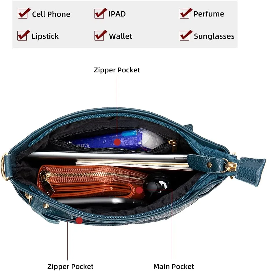Shoulder Bag for Women Genuine Leather Crossbody Purse Triple Pockets Bucket Bag Retro Phone Pocketbooks