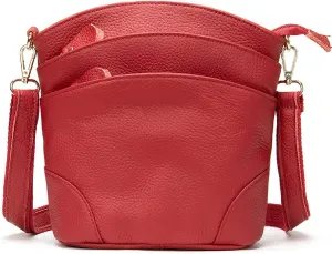 Shoulder Bag for Women Genuine Leather Crossbody Purse Triple Pockets Bucket Bag Retro Phone Pocketbooks