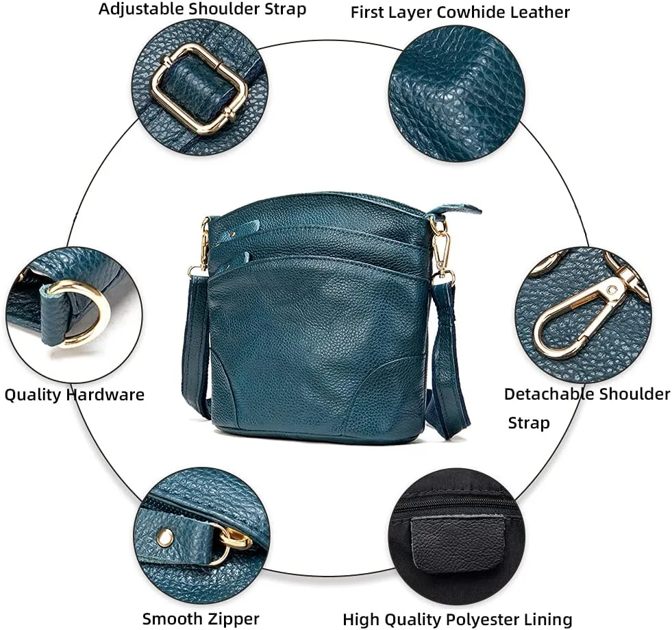 Shoulder Bag for Women Genuine Leather Crossbody Purse Triple Pockets Bucket Bag Retro Phone Pocketbooks