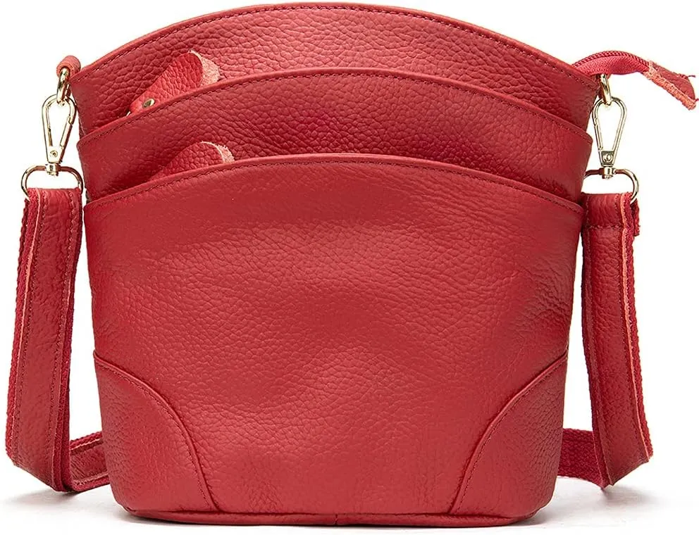Shoulder Bag for Women Genuine Leather Crossbody Purse Triple Pockets Bucket Bag Retro Phone Pocketbooks