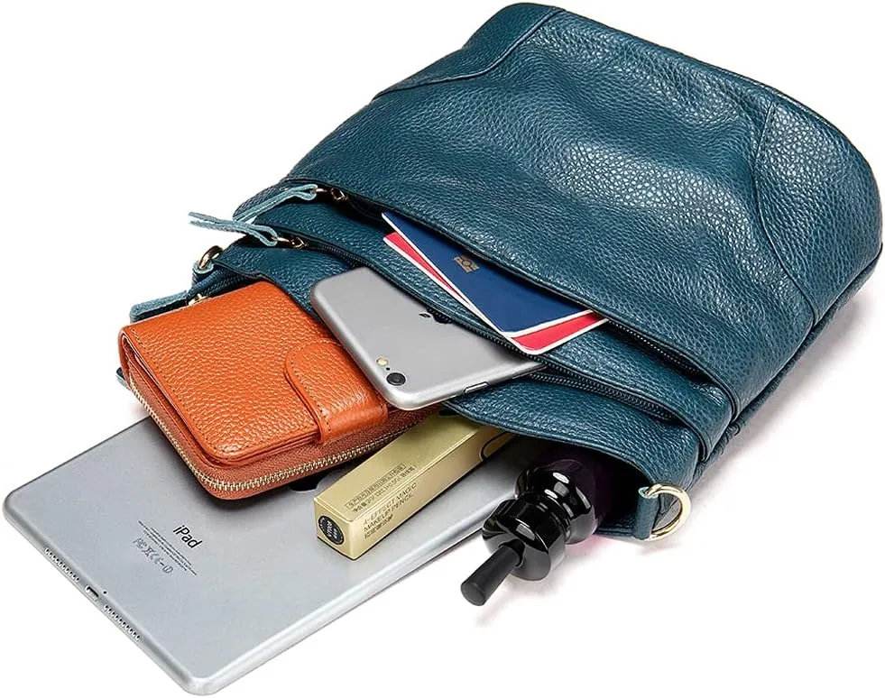 Shoulder Bag for Women Genuine Leather Crossbody Purse Triple Pockets Bucket Bag Retro Phone Pocketbooks