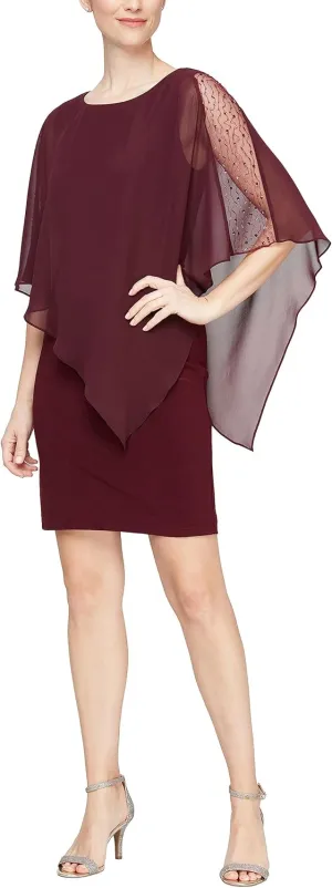 S.L.Fashions Women's Short Sheath Capelet Gown with Asymmetric Overlay,Mother of The Bride Dress,(Petite and Regular Sizes)