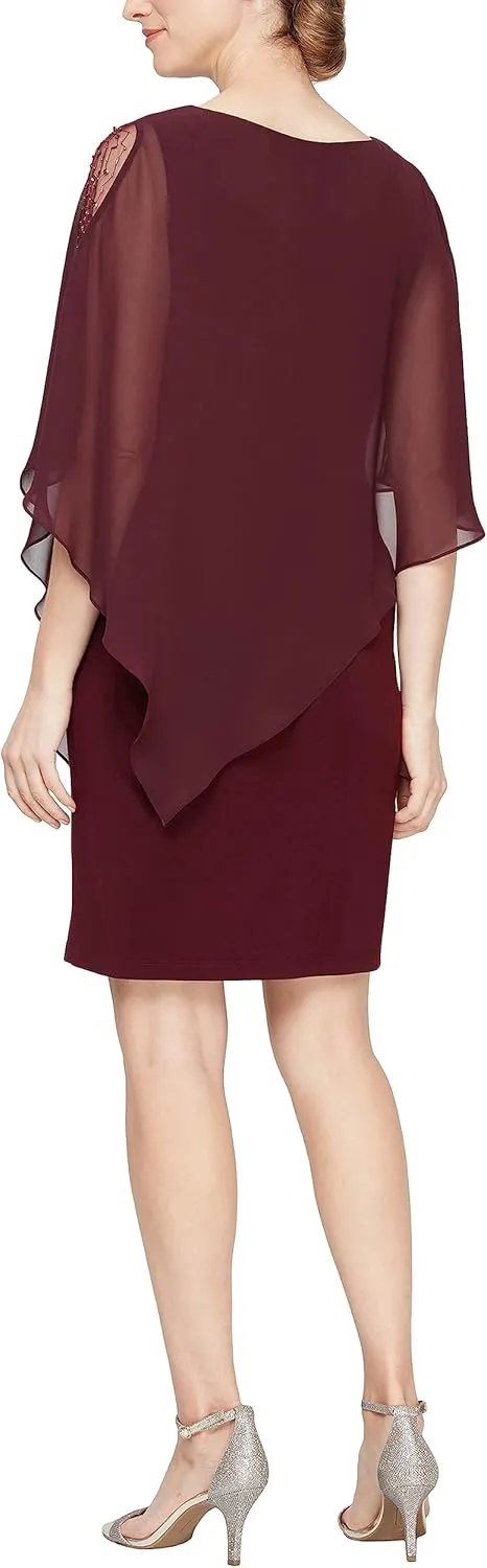 S.L.Fashions Women's Short Sheath Capelet Gown with Asymmetric Overlay,Mother of The Bride Dress,(Petite and Regular Sizes)