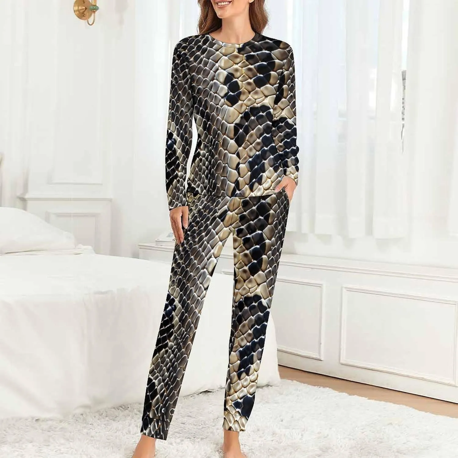 Snake Skin Texture Women's Pajama 2 Piece Set Long Sleeve Pjs Top and Pants Soft Loungewear