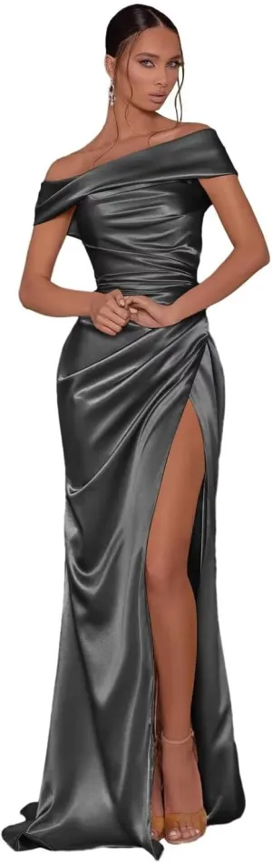 SoDigne Off The Shoulder Mermaid Bridesmaid Dresses with Slit Long Satin 2024 Formal Evening Party Gown
