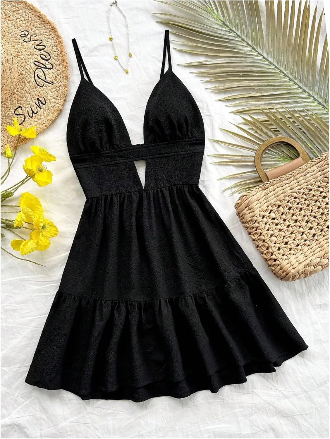 SOLY HUX Dresses for Women Summer Flowy Mini Dress Spaghetti Strap V Neck Ruffle Cami Dress