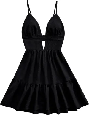 SOLY HUX Dresses for Women Summer Flowy Mini Dress Spaghetti Strap V Neck Ruffle Cami Dress