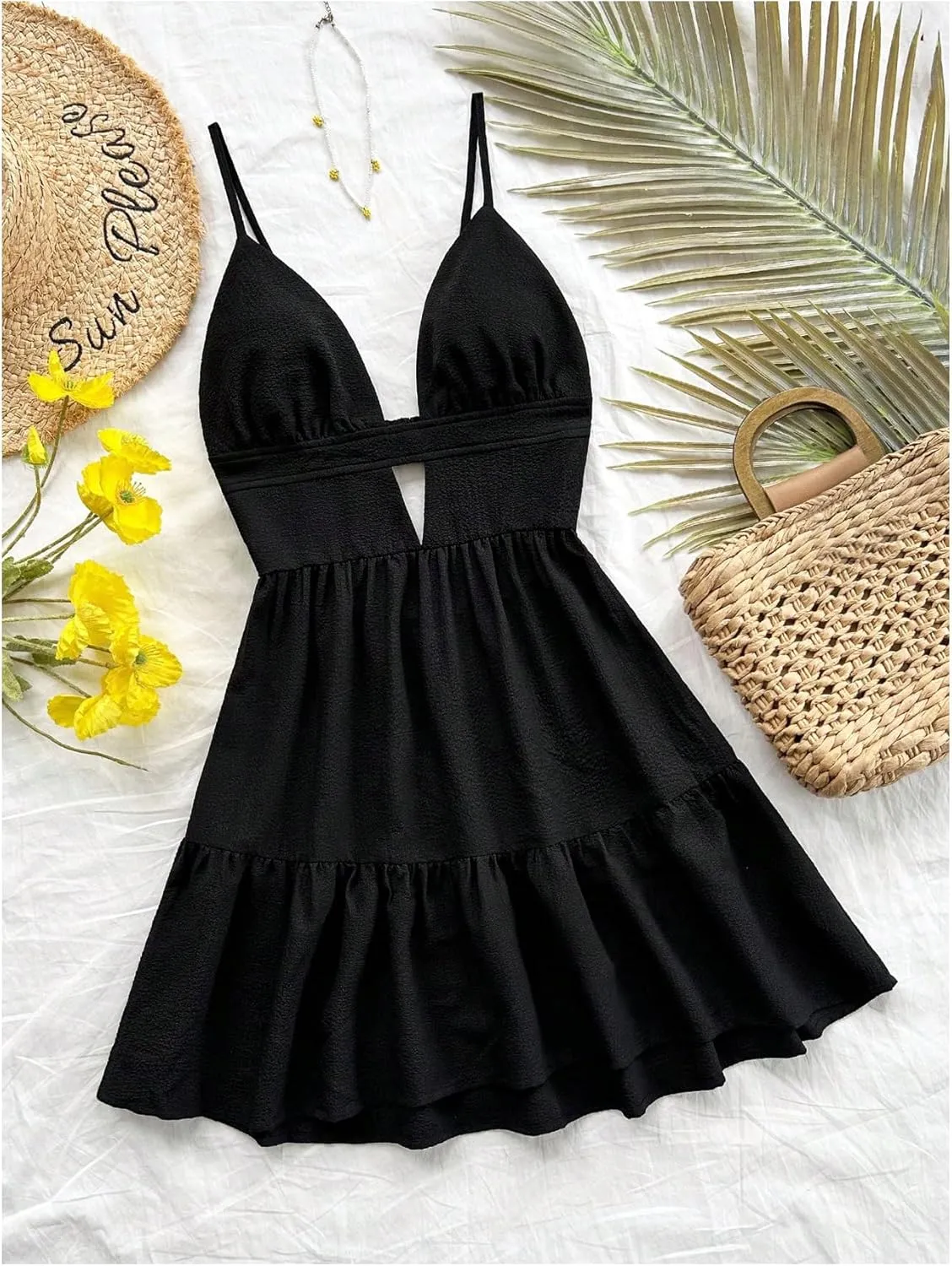 SOLY HUX Dresses for Women Summer Flowy Mini Dress Spaghetti Strap V Neck Ruffle Cami Dress