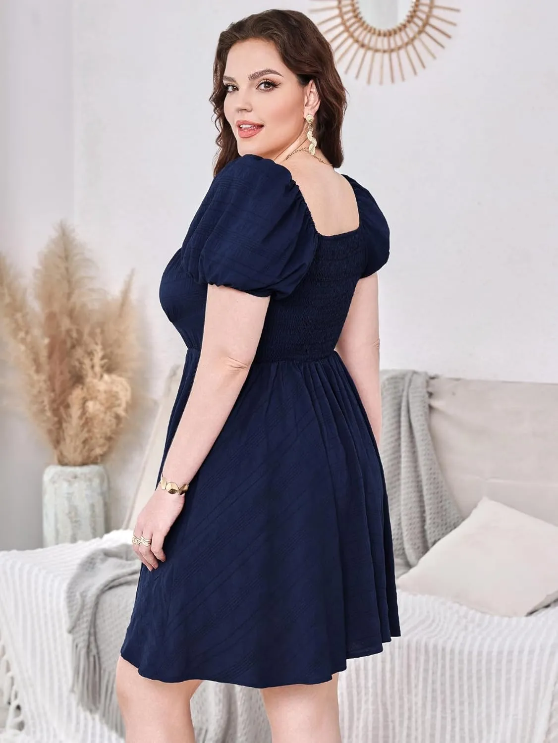 SOLY HUX Women's Plus Size Short Sleeve Mini Dress High Waist Summer Dresses Wedding Guest Dress