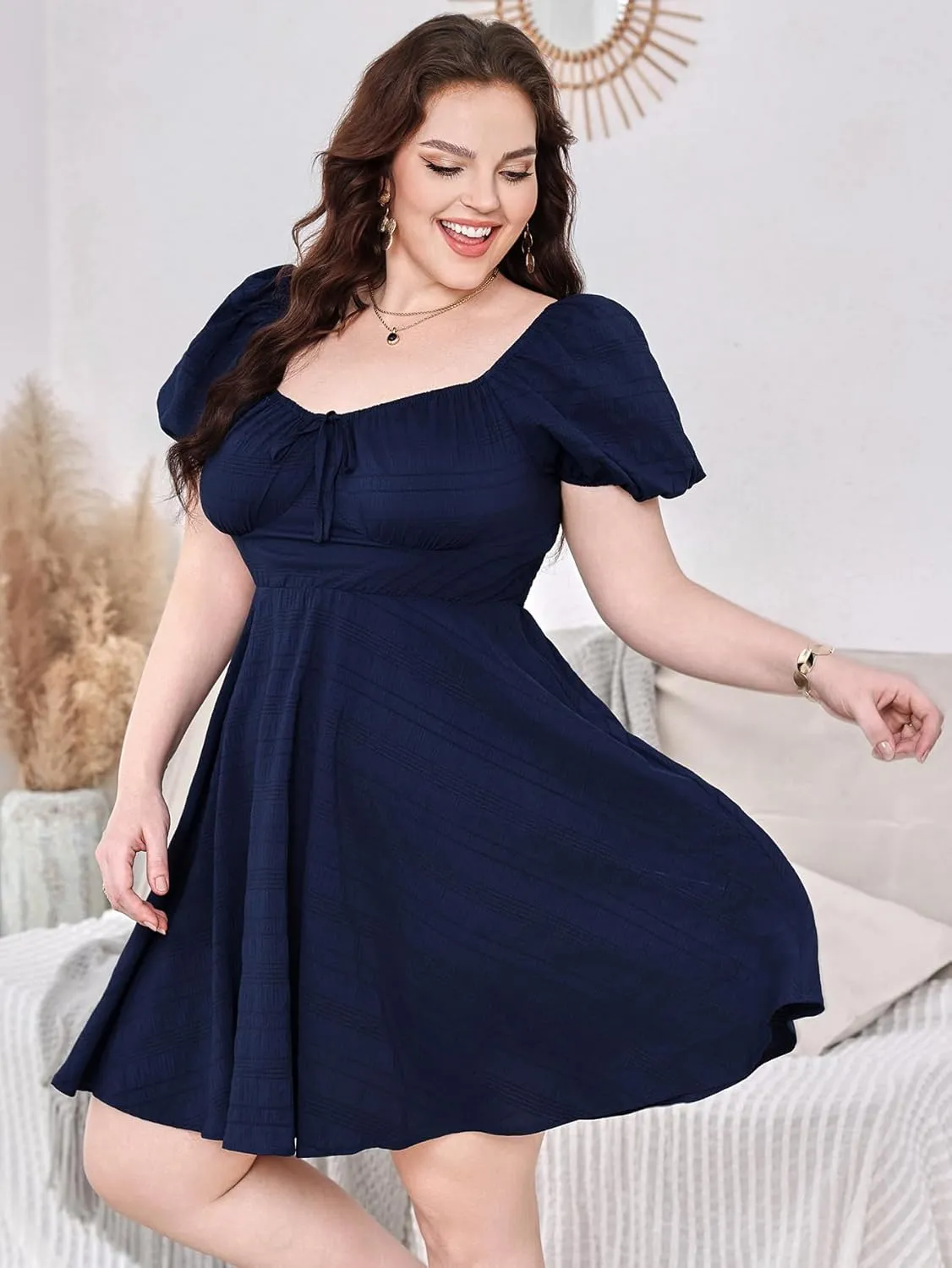SOLY HUX Women's Plus Size Short Sleeve Mini Dress High Waist Summer Dresses Wedding Guest Dress