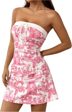 SOLY HUX Women's Tube Mini Dress Floral Print Tie Front Strapless Sleeveless Summer Dresses