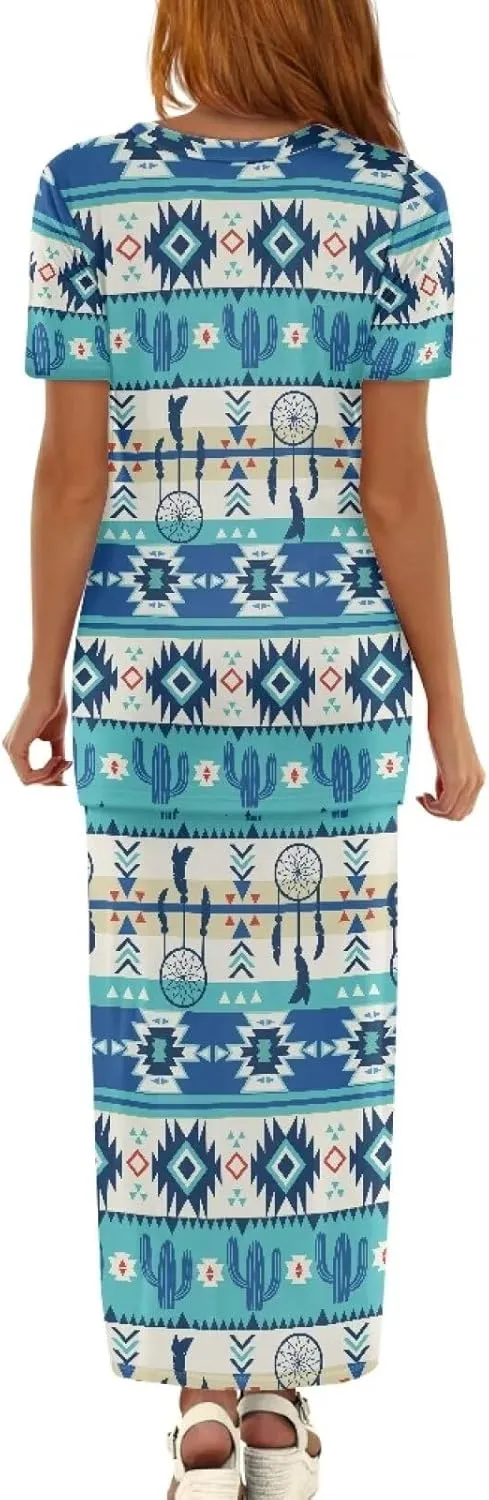 Summer 2 Piece Dresses Tribal Ethnic Print Short Sleeve Crop Top Long Maxi Skirt Set Women Plus Size Skirts Set