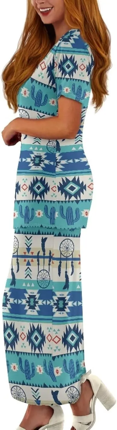 Summer 2 Piece Dresses Tribal Ethnic Print Short Sleeve Crop Top Long Maxi Skirt Set Women Plus Size Skirts Set