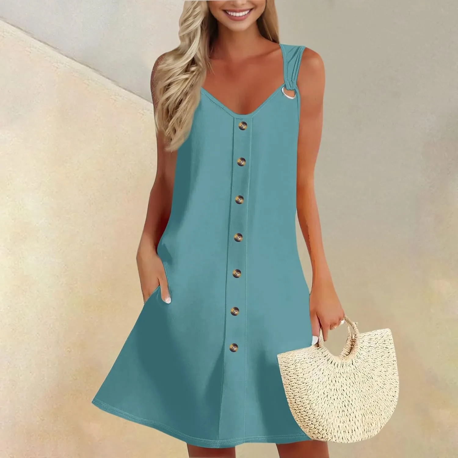 Summer Dress Sleeveless Floral Mini with Pockets Bohemian 2025 New Solid Color Cover Ups Casual Loose Sun Dresses