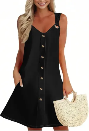 Summer Dress Sleeveless Floral Mini with Pockets Bohemian 2025 New Solid Color Cover Ups Casual Loose Sun Dresses