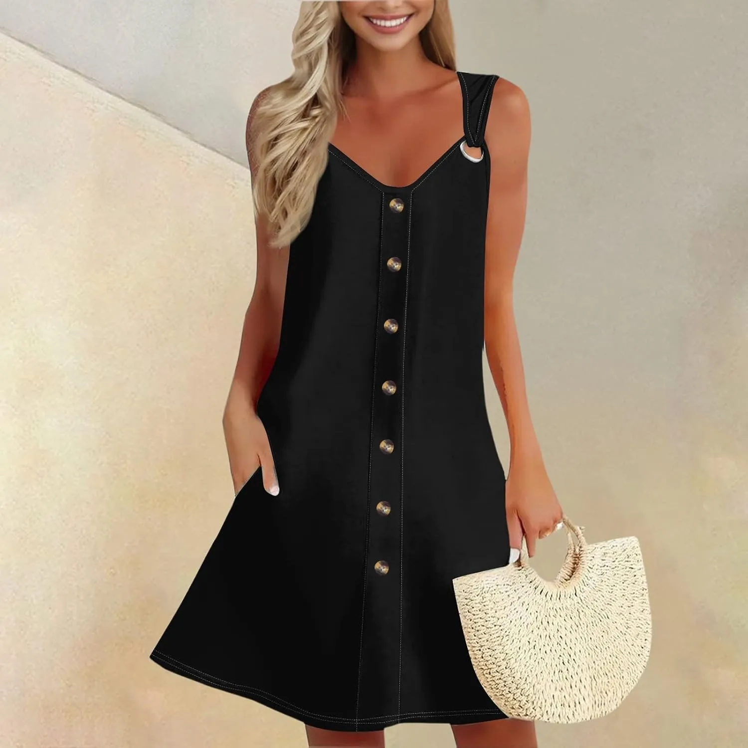 Summer Dress Sleeveless Floral Mini with Pockets Bohemian 2025 New Solid Color Cover Ups Casual Loose Sun Dresses