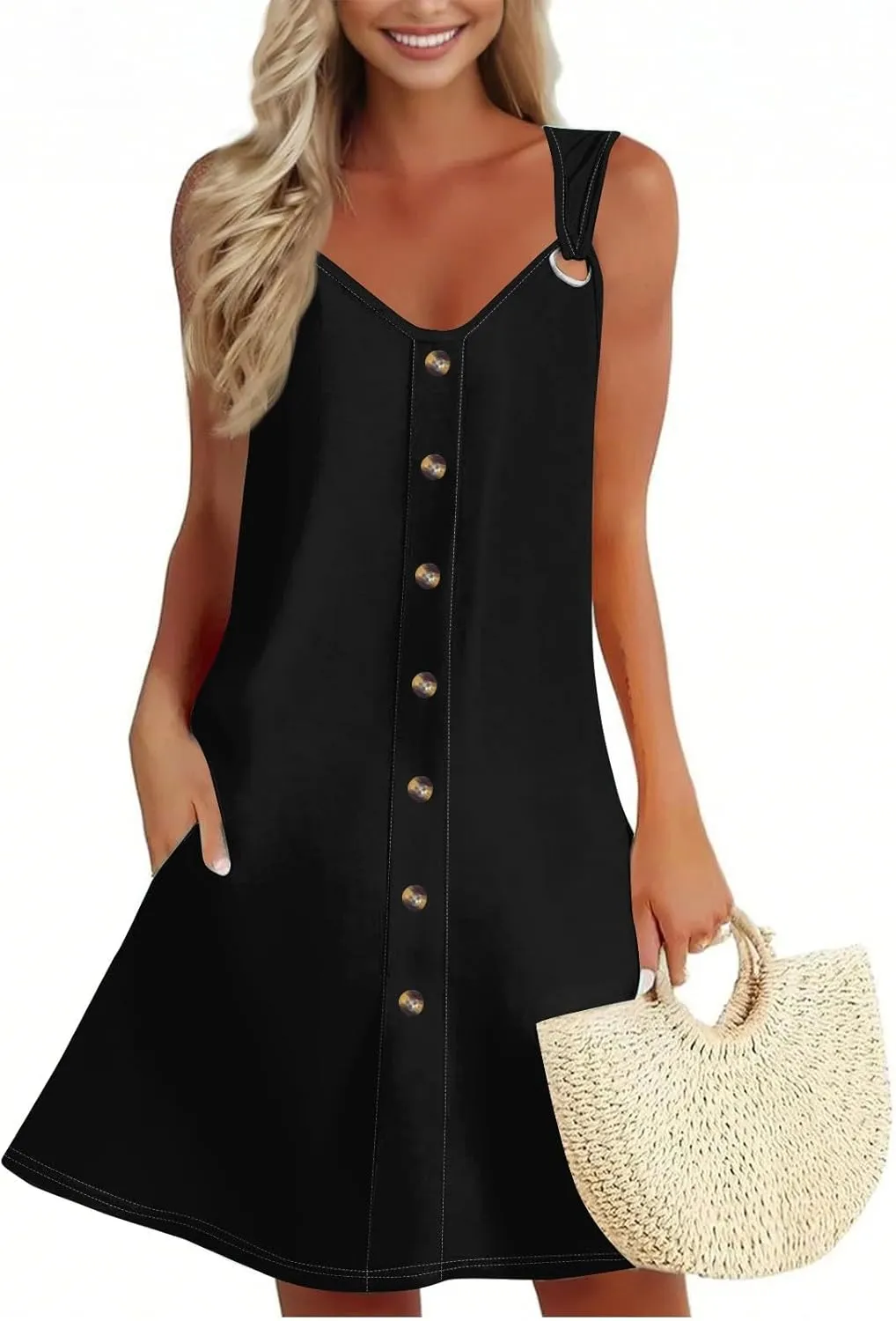 Summer Dress Sleeveless Floral Mini with Pockets Bohemian 2025 New Solid Color Cover Ups Casual Loose Sun Dresses