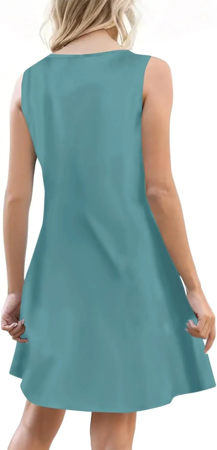 Summer Dress Sleeveless Floral Mini with Pockets Bohemian 2025 New Solid Color Cover Ups Casual Loose Sun Dresses