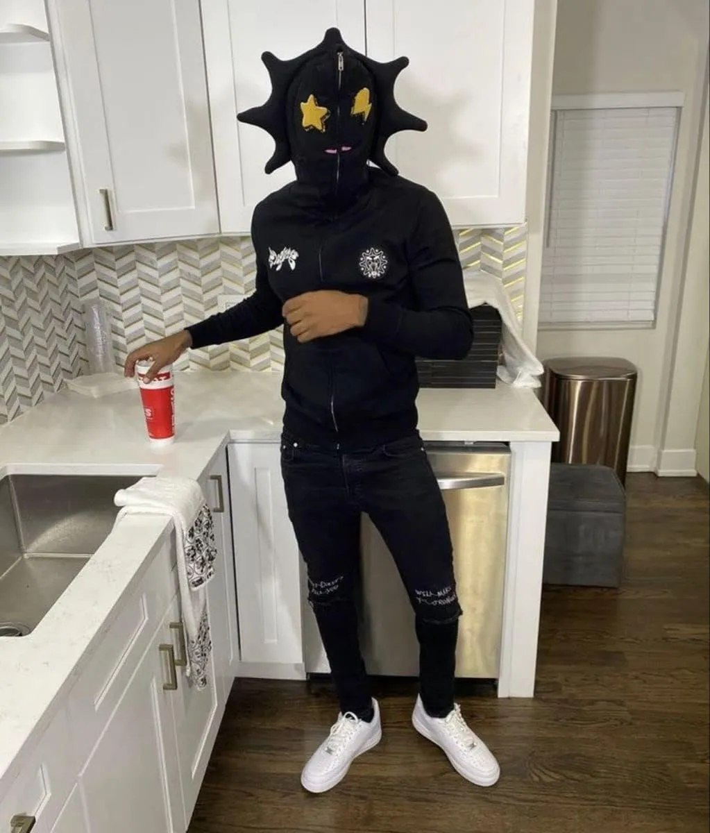 Sunwittafy Y2k Hoodie Men Women Black Rhinestone Full Zip Up Hoodie Over Face Oversized Sweatshirt Trendy Streetwear