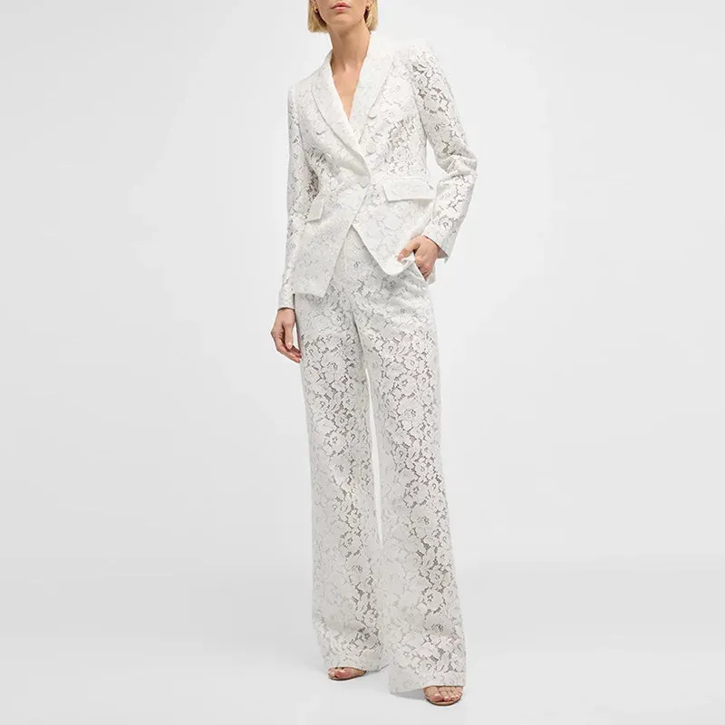 Trend4us Luxe Floral Lace Blazer & Wide-Leg Pants Set