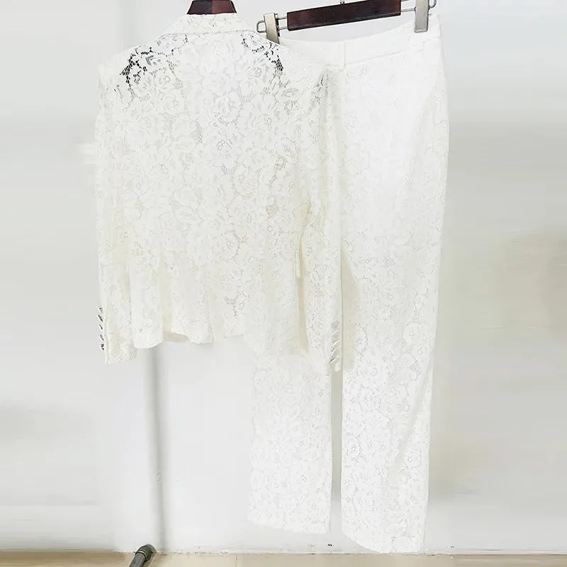 Trend4us Luxe Floral Lace Blazer & Wide-Leg Pants Set