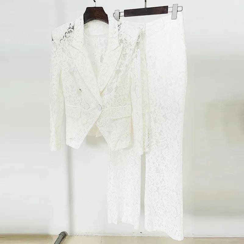 Trend4us Luxe Floral Lace Blazer & Wide-Leg Pants Set