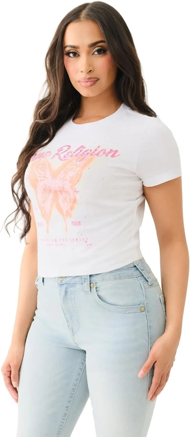 True Religion Women's Crystal Butterfly Baby Crew Tee - Casual Crew Neck T-Shirt